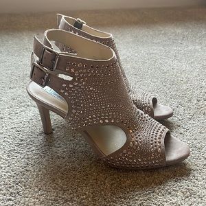 Tan INC Suede and Rhinestone Heels
